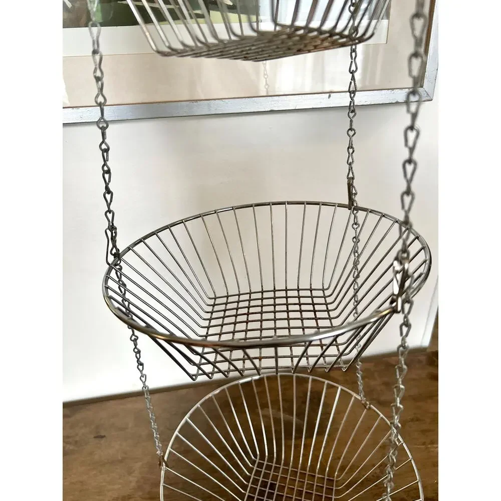 Vintage 3-Tier Hanging Fruit Baskets | Silver Tone Metal Kitchen Storage